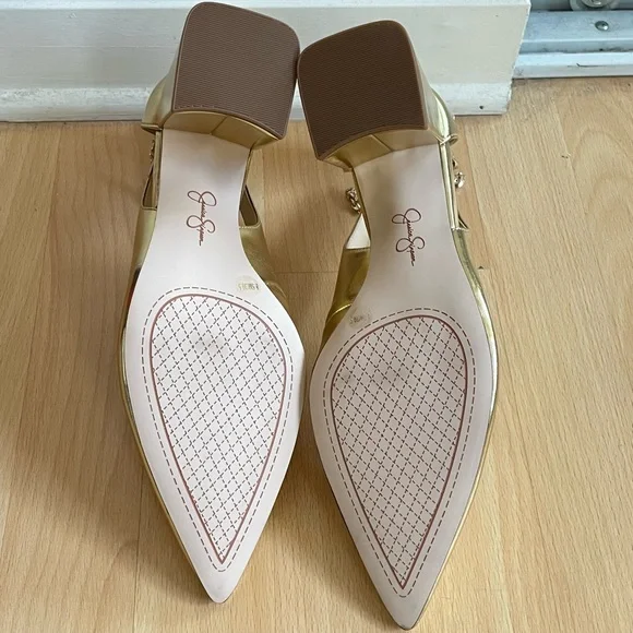 Jessica Simpson Women's Sylan Gold Metallic Square Heels, Chain Straps, Cutout - Picture 7 of 11